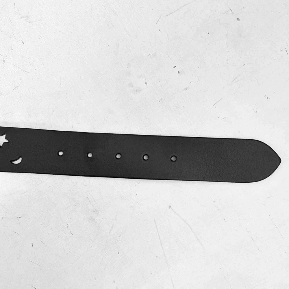 Express Vintage Black Leather‎ Celestial Moon Star Studded Belt Made in Italy S